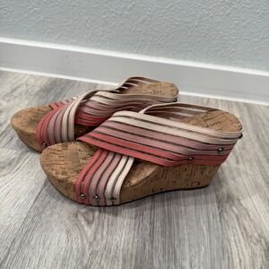 Lucky Brand Wedges Size 7M Cork Platform Striped Criss Cross Casual‎ Sandals